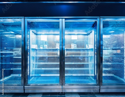 a grocery store freezer section with clear glass doors reflecting cool blue tones sleek advertising style copy space