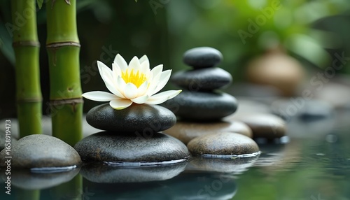 Serene spa scene features stack of smooth, dark stones balanced carefully with white lotus flower on top. Green bamboo stalks stand tall nearby, with water gently reflecting tranquil elements.