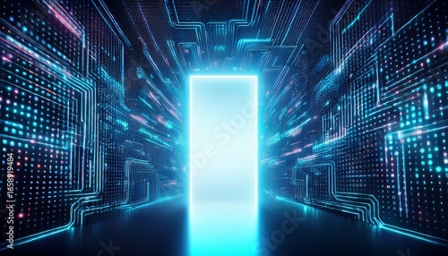 abstract door in tunnel with digital data center light signal future computer technology concept of cyber gateway in cyberspace or metaverse