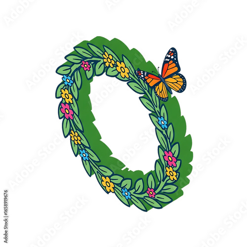 Wreath with butterfly symbolizing renewal.