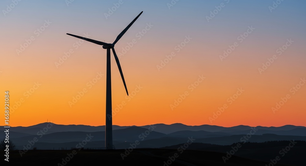 Wind turbine silhouette against colorful sunset sky Wind turbine silhouette against colorful sunset sky