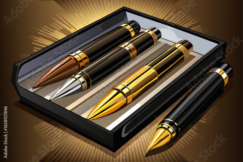 vector of Pen in lacquered black, shiny steel or golden models in its own box