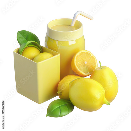 3d fresh lemonade in a jar with lemons isolated on transparent background