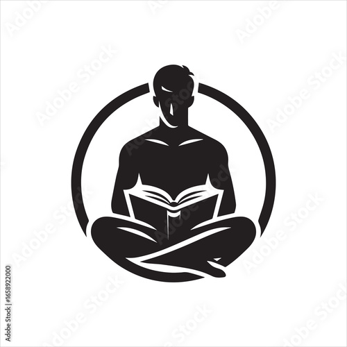 Silhouette of a seated man reading a book within a circular frame.