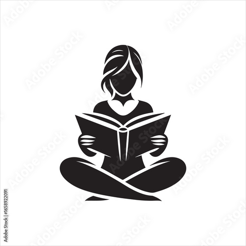 Silhouette of a woman with bob haircut reading a book crosslegged.