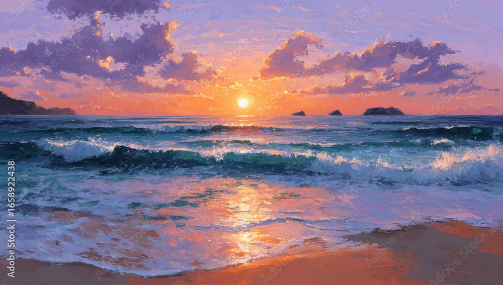 Obraz premium Colorful sunset over a tranquil ocean beach
