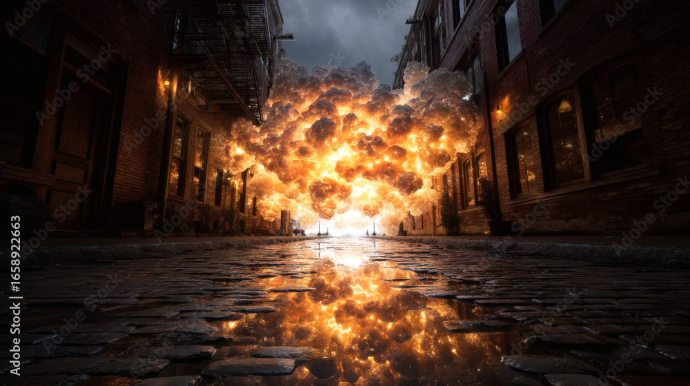 Obraz premium A massive explosion erupts in a narrow city alleyway at night