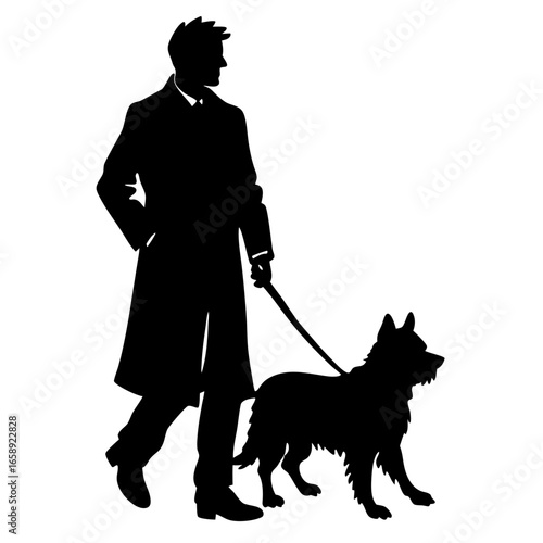 Vector art of silhouette of a man walking his dog on a leash