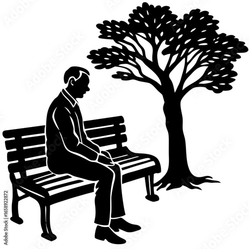 Vector art of an elderly man sits alone on a park bench next to a tree, appearing thoughtful or sad