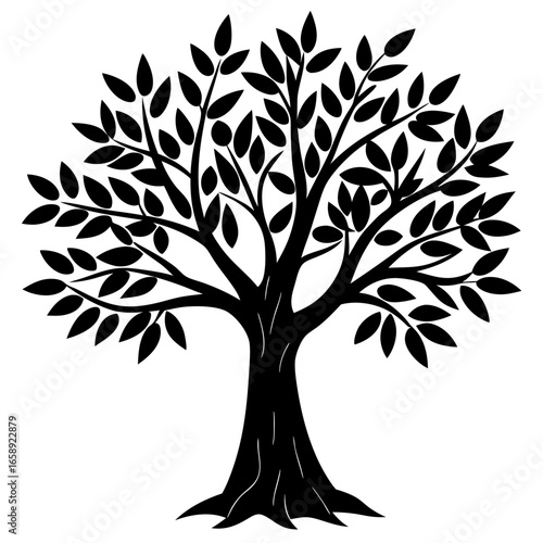 Vector art of stylized silhouette of a deciduous tree with a thick trunk and spreading branches full of leaves