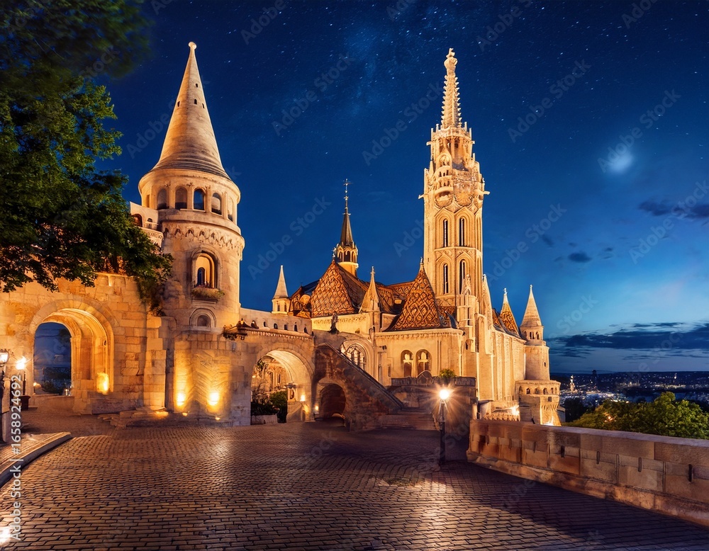 Obraz premium budapest castle with gothic towers and historic architecture under night sky
