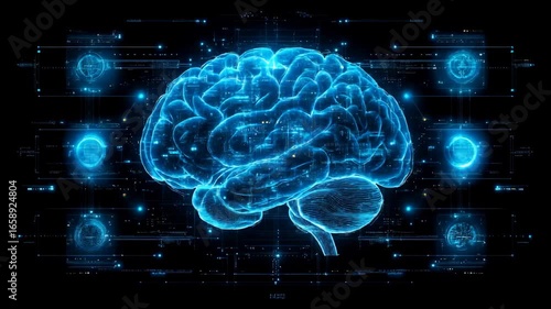 Glowing Holographic AI Brain Processing Information on a Futuristic HUD Interface