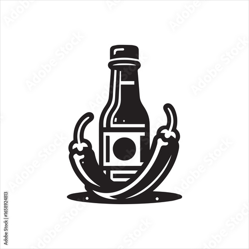 Stylized Hot Sauce Bottle with Chili Peppers in Black and White.