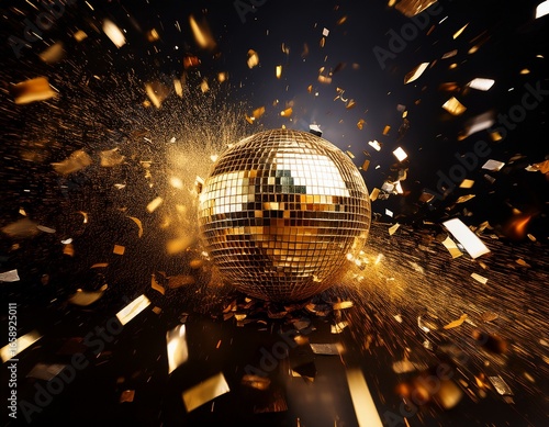 a golden disco ball in the midst of breaking apart creating an explosion of glittering particles and sparks capturing the spirit of celebration and fun in life