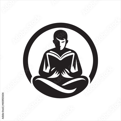 Stylized Silhouette of Meditating Reader in Lotus Position with Open Book.