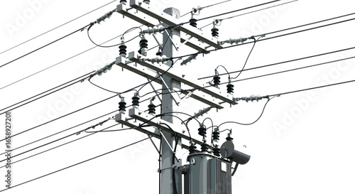 Electric Power Transmission Lines on Utility Pole with Transformers and Insulators for Power Supply