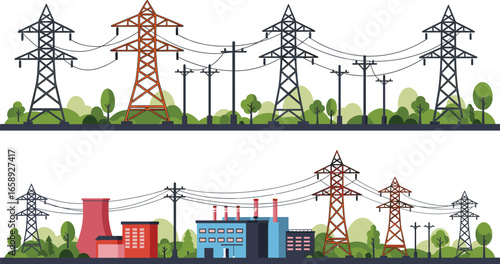 High voltage power lines, industrial buildings, energy infrastructure, electricity grid, transmission towers