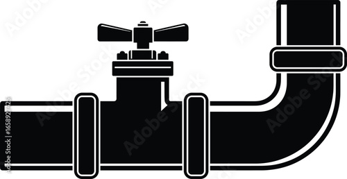 Industrial pipe valve, plumbing system, water control, black and white, technical illustration