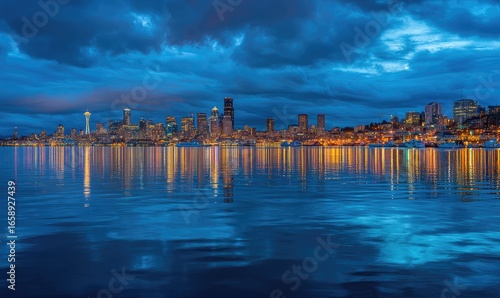 City skyline at twilight reflected on water