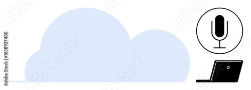 Cloud with laptop and microphone highlighting digital storage, voice recognition, and modern tech. Ideal for data management, remote work, AI, accessibility, tech communication, innovation simple