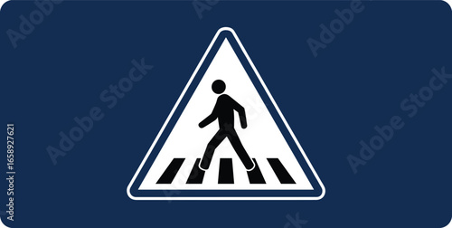 Pedestrian crossing warning sign, triangular road symbol, traffic safety icon, vector illustration