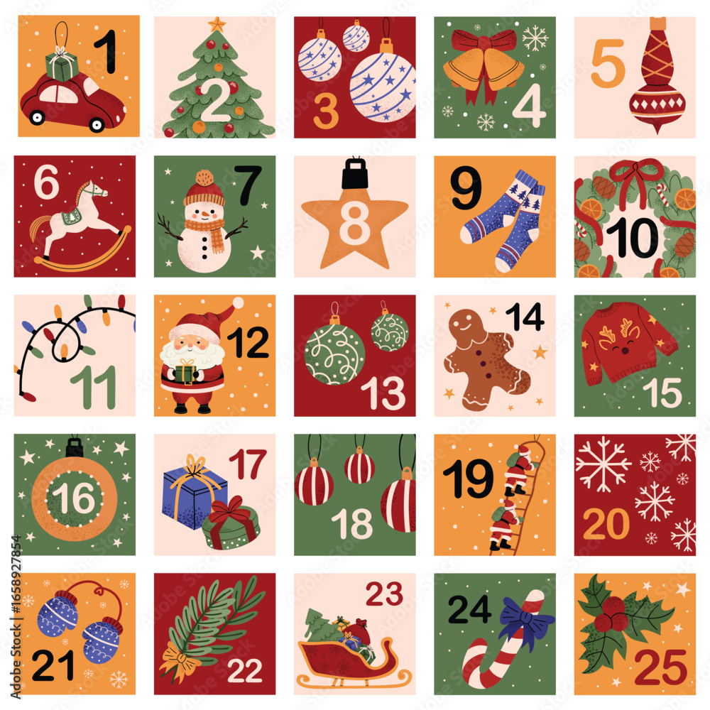 Fototapeta premium Christmas Advent calendar. Cute festive vector set with Santa, snowman, gifts, sweets, wreath, ornaments, lights, tree, socks. Holiday countdown poster with numbers. Printable Xmas design.