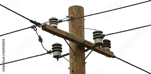 Wooden utility pole, electrical insulators, power lines, voltage transmission, infrastructure, clear sky