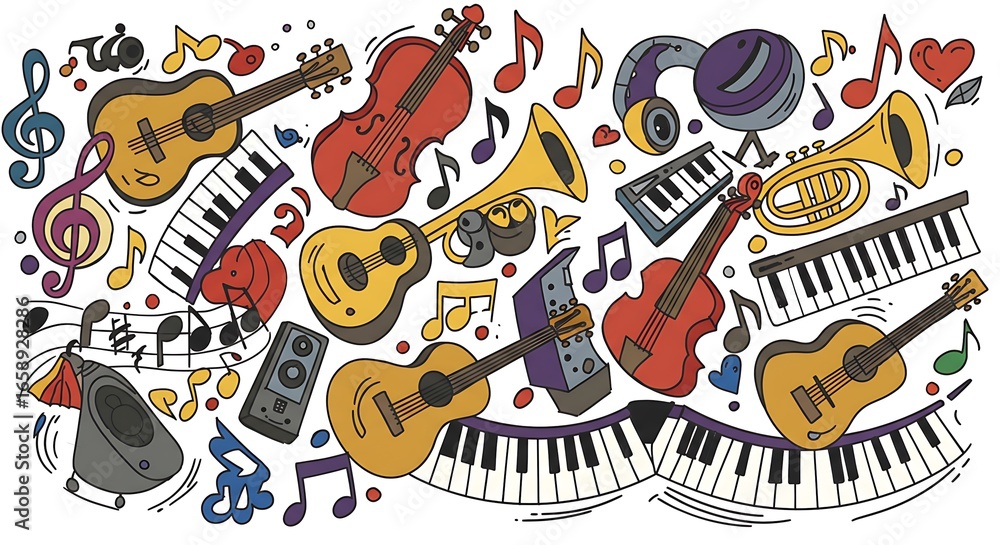 Obraz premium Joyful Doodle Music Instruments: Guitars, Violins, Keyboards, and More!