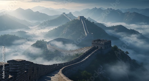 Serene Mist-Shrouded Great Wall of China: Majestic Panorama at Dawn