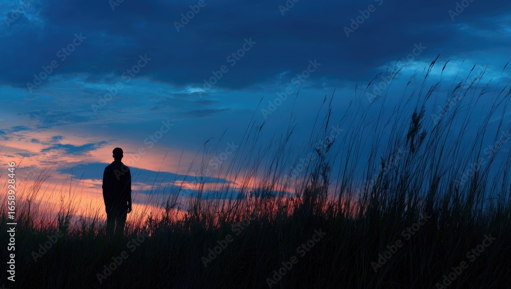 Fototapeta premium Silhouette of a person at sunset, tall grasses