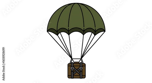 Retro Cartoon Crate Airdrop: Olive Green Parachute Descent,  Vintage Style Illustration.