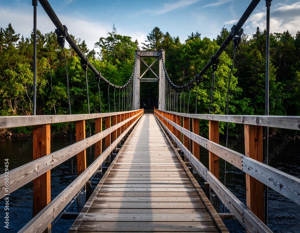 Obraz premium Wooden suspension bridge over a river