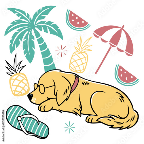 Playful Sleepy Golden Retriever design, styled with wearing glasses and Tropical Vibes shades in a Tropical setting