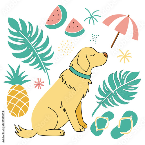 Bashful Golden Retriever with with a stuffed animal, set in a charming Tropical theme – Tropical Vibes color vector art