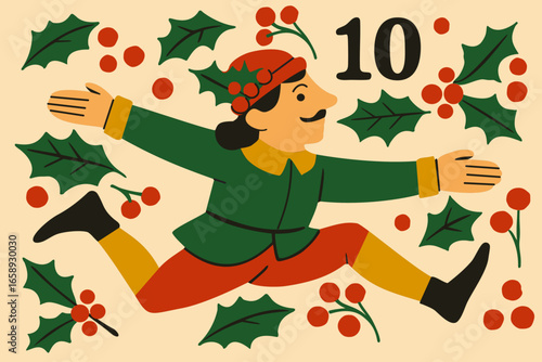 Ten lords a-leaping. The twelve days of Christmas. English Christmas carol. Tenth day. Vector isolated illustration