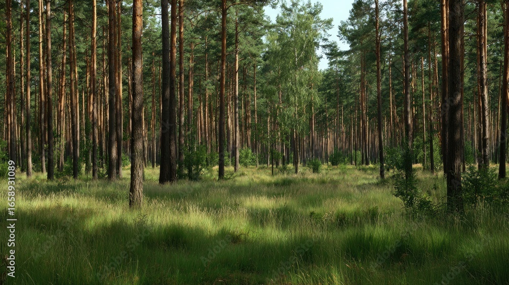 Fototapeta premium A dense forest with tall pine trees and grassy undergrowth.