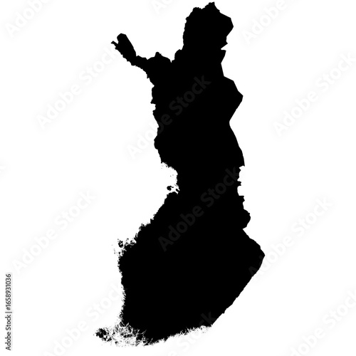 Editable black vector silhouette map of Finland, showing its elongated shape and irregular coastal outline.