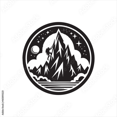 Silhouette Climber Ascending Jagged Mountain Peaks Under Starry Night Sky in Circle.