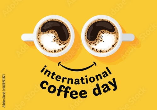 Vector art of international coffee day smiley face made from coffee cups and lettering