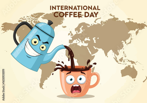 Vector art of international coffee day celebrated globally with a cartoon teapot pouring coffee into a surprised cup