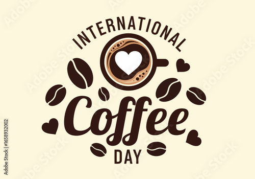 Vector art of international coffee day celebration with coffee beans and a heart shaped coffee cup graphic