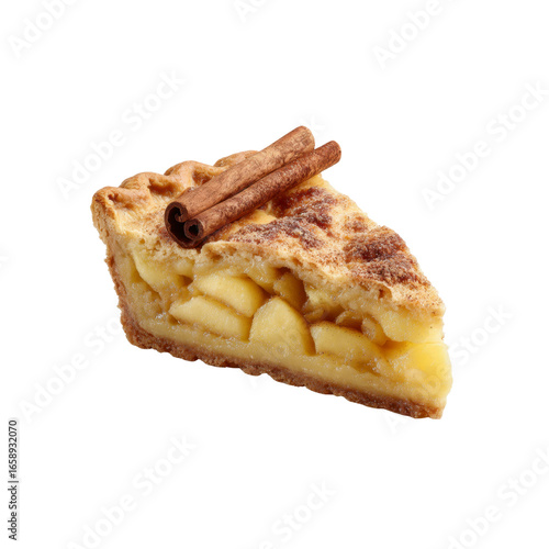 Delicious Slice of Homemade Apple Pie with Cinnamon Sticks