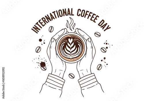 Vector art of hands holding a cup of coffee with latte art and text international coffee day