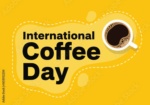 Vector art of international coffee day celebration with a steaming cup of coffee on a yellow background