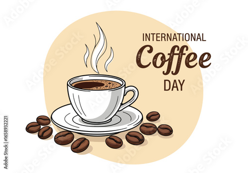 Vector art of international coffee day celebration with a steaming cup of coffee and beans