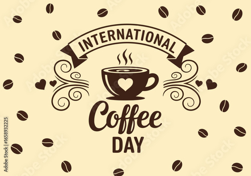 Vector art of international coffee day celebration with a steaming cup of coffee and coffee beans