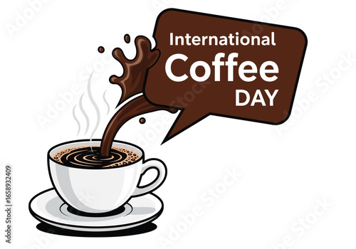 Vector art of international coffee day concept with coffee splashing into a cup