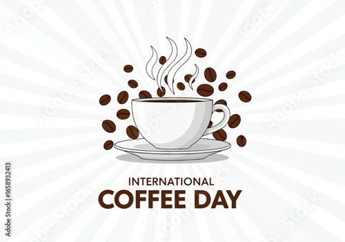 Vector art of international coffee day celebration with a steaming cup of coffee and coffee beans