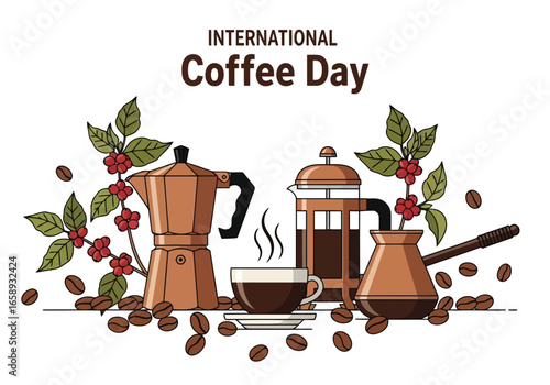 Vector art of international coffee day illustration with coffee making equipment and beans