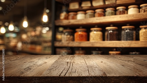 Fototapeta Naklejka Na Ścianę i Meble -  Rustic wooden table in front of a spice shop